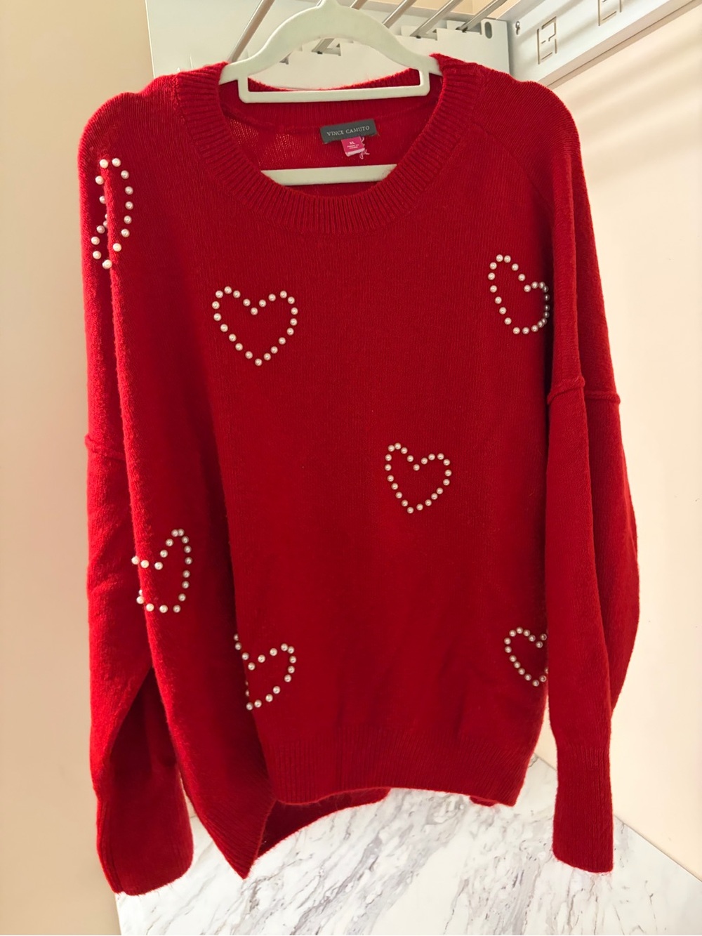 Vince Camuto Red Crewneck Sweater with Pearl Heart Accents